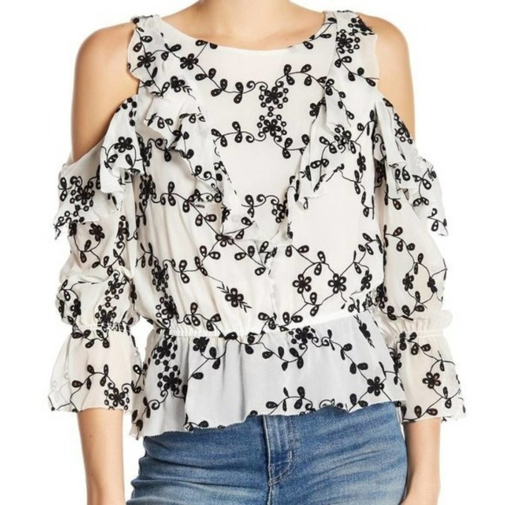 Joie Carylton Eyelet Embroidered Silk Cold Shoulder Bell Cuff Blouse Top Size L